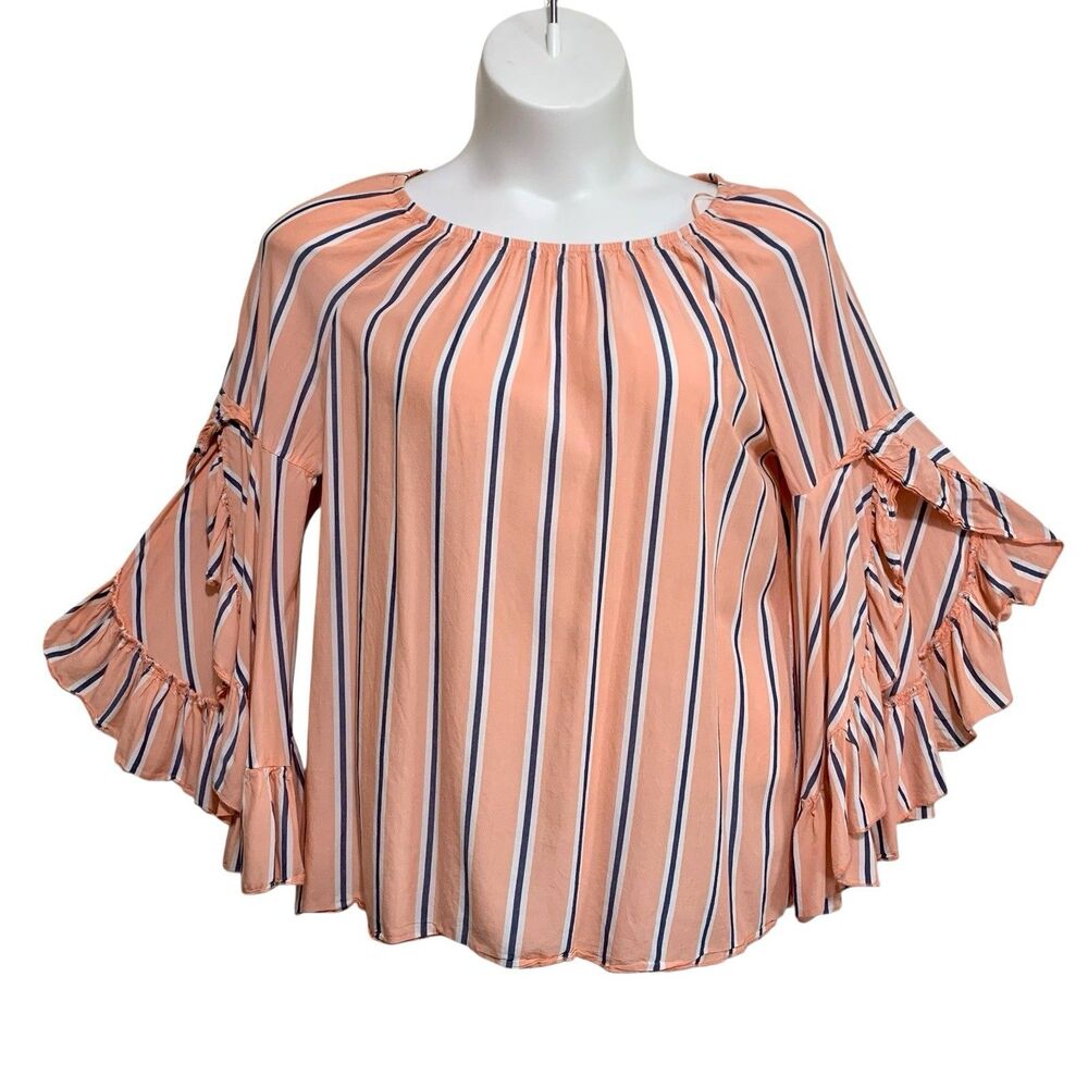Fever Off-Shoulder Blouse Top Womens Sz Lg Peach Striped Long Flowy Sleeve